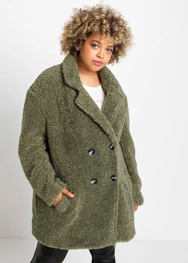Abrigo corto oversize con aspecto de lana Verde oliva