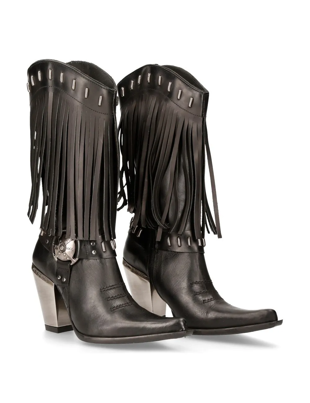 Bota cowboy en cuero negro con flecos y tacón de acero
