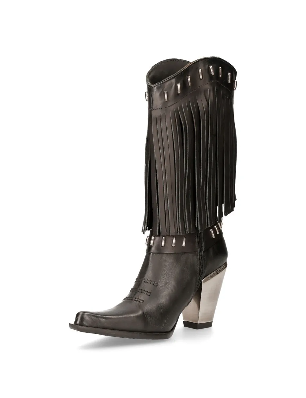 Bota cowboy en cuero negro con flecos y tacón de acero
