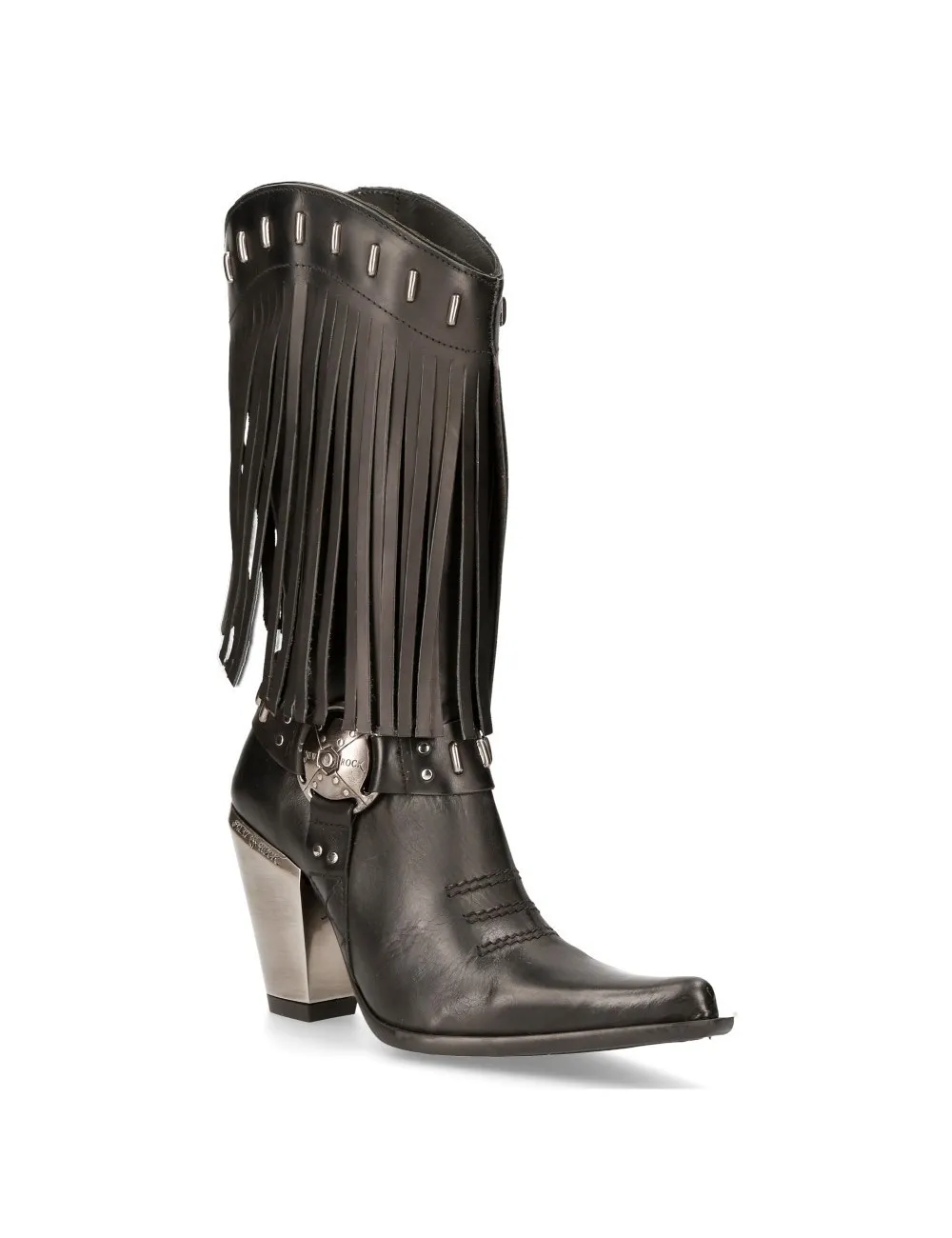 Bota cowboy en cuero negro con flecos y tacón de acero
