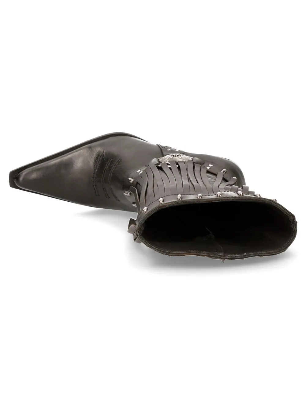 Bota cowboy en cuero negro con flecos y tacón de acero
