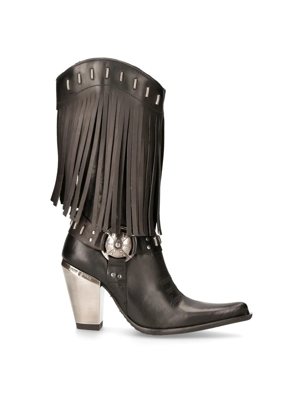 Bota cowboy en cuero negro con flecos y tacón de acero
