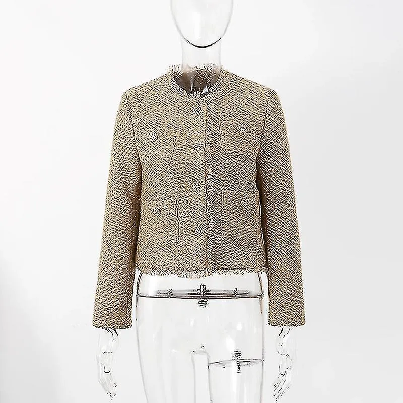 Elegante chaqueta de tweed recortada con botón de manga larga para mujer con bolsillo Abrigo con borlas