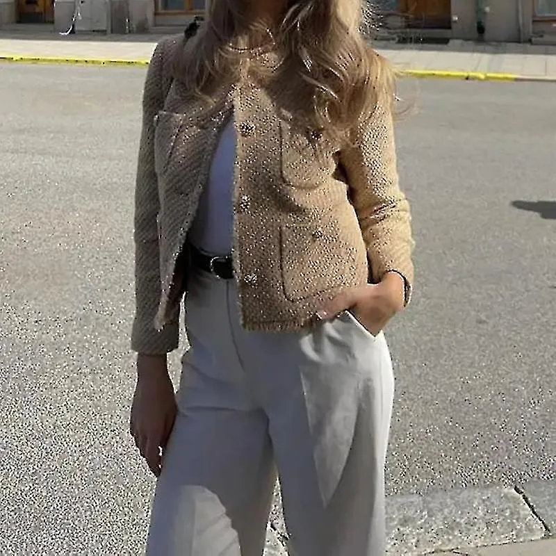 Elegante chaqueta de tweed recortada con botón de manga larga para mujer con bolsillo Abrigo con borlas