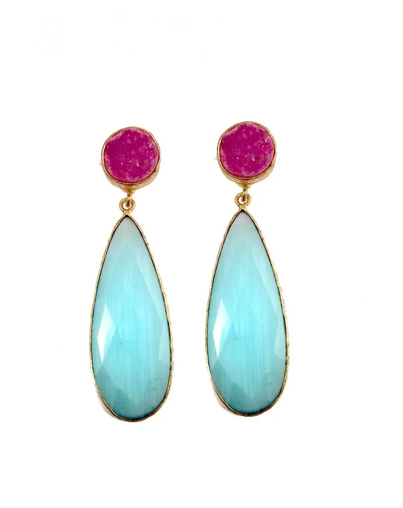 PENDIENTES DE PIEDRA FORMA DE LAGRIMA COLOR AZUL CLARO Y FUCSIA