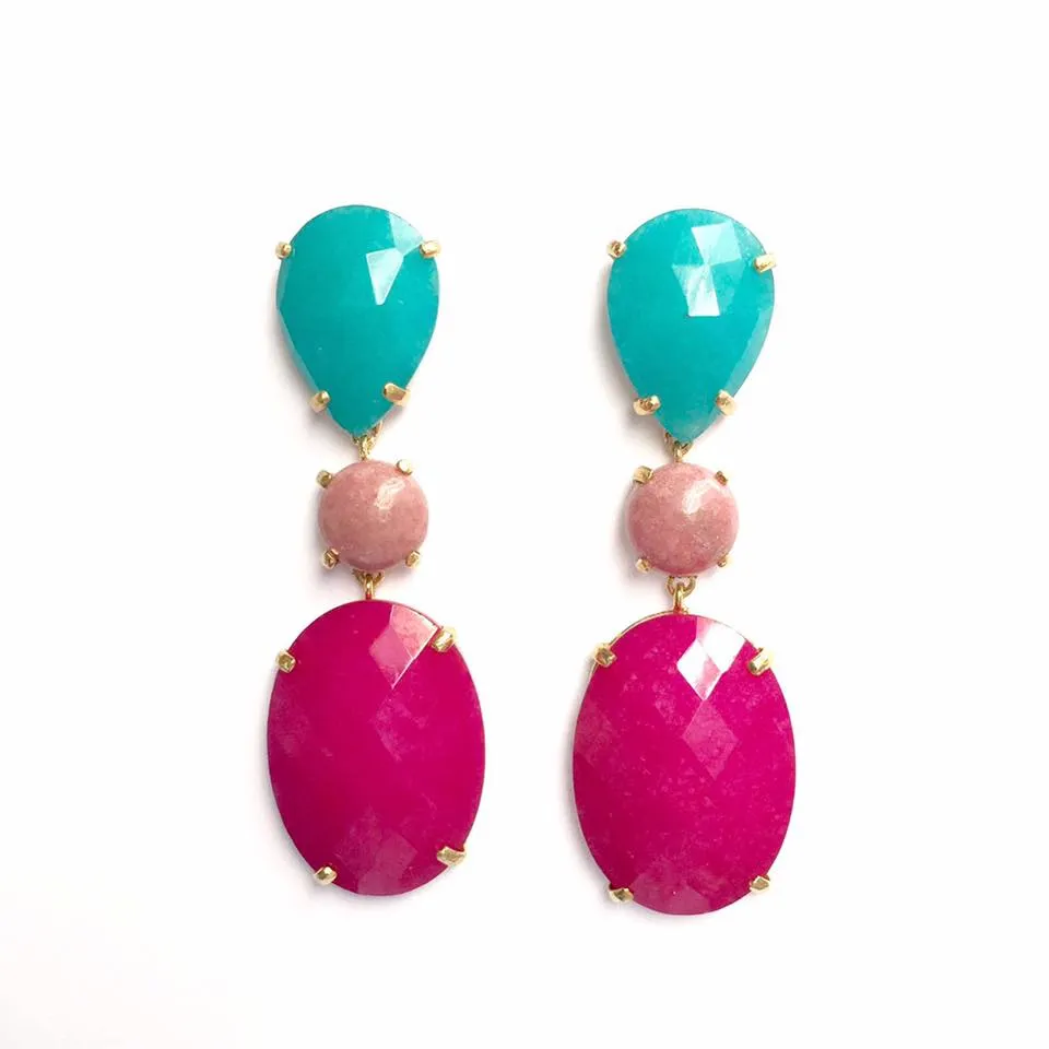 Pendientes Plata chapada con Jade azul turquesa, fucsia y rodocrosita