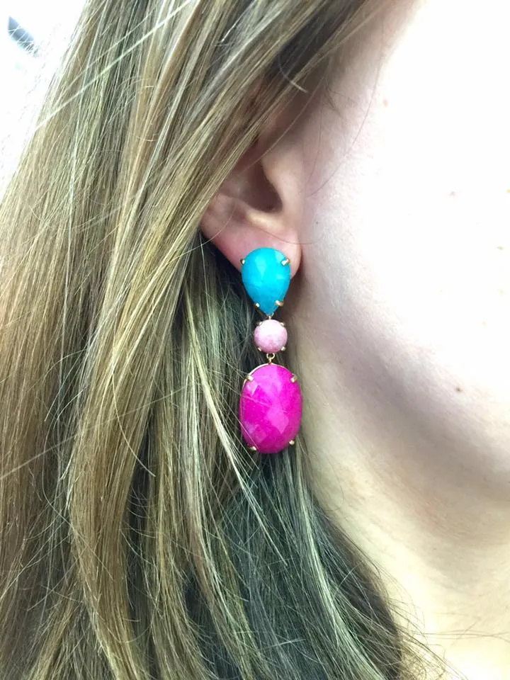 Pendientes Plata chapada con Jade azul turquesa, fucsia y rodocrosita