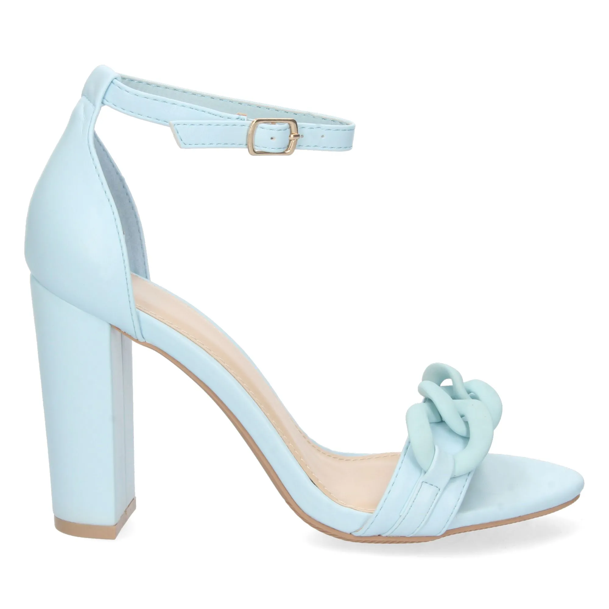 Sandalias de tacon medio pala detalle cadena azul