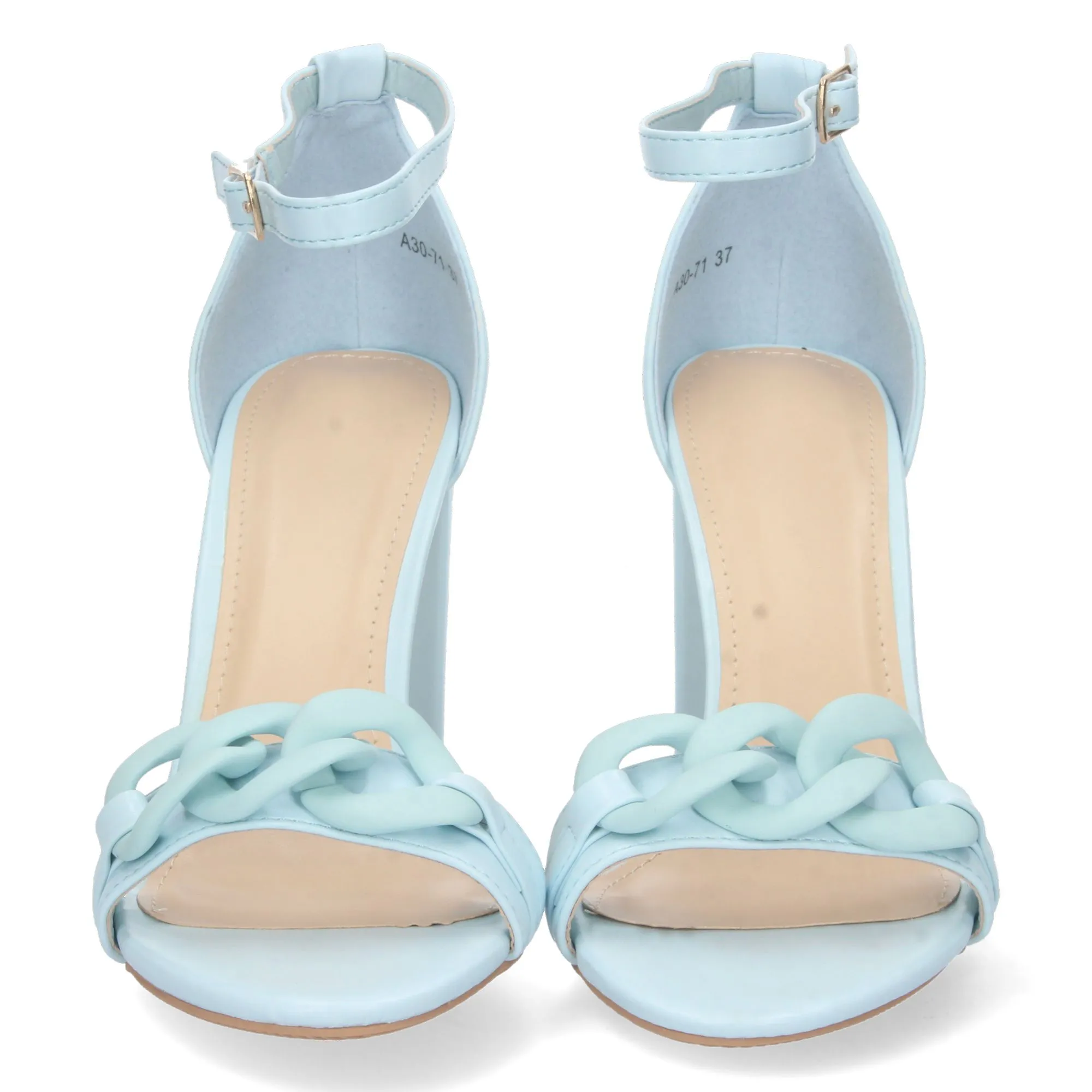 Sandalias de tacon medio pala detalle cadena azul