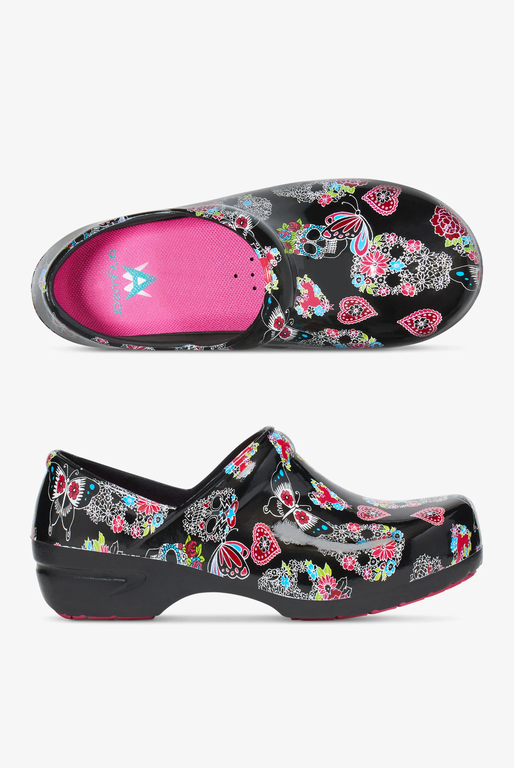 Zuecos de enfermería Anywear SR Angel Sugar Skull Flutter para mujer
